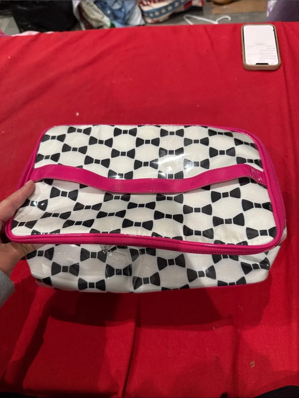 kate spade White Cosmetic Pouch with Black Bow Print and Pink Trim